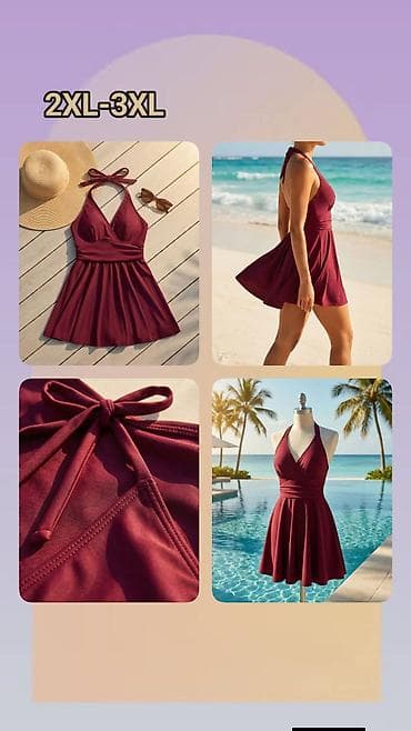 diši da prođe: Ženski kupaći kostim-haljina, bordo boje. - Model: halter sa — 1