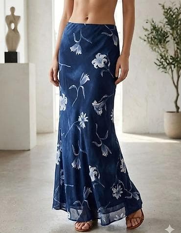 Dugačka suknja u tamnoplavoj boji sa belim cvetnim printom. Krojena je na lalafo.rs Dugačka suknja u tamnoplavoj boji sa belim cvetnim printom. Krojena je