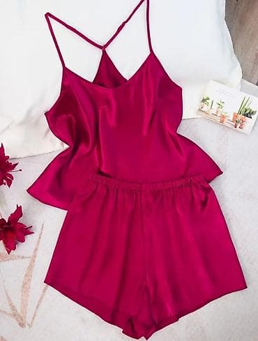 elegantni kompleti sa pantalonama: Satenska pidžama set – 2 dela (majica + šorts) - Materijal: glatka — 2