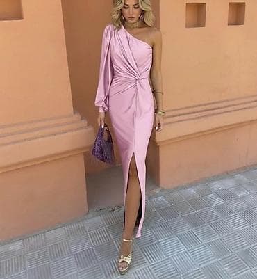roza haljina: Elegantna asimetrična haljina na jedno rame sa prednjim visokim — 4