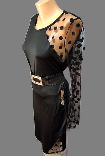Haljine: Crna elegantna haljina sa pojasom i prozirnim detaljima na tufne novo — 2