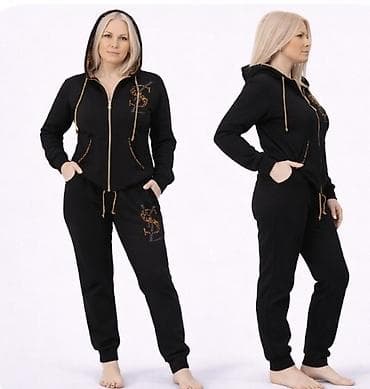 tuferi za grudi: Ženski komplet trenerke – crna dukserica sa kapuljačom i donji deo - — 2