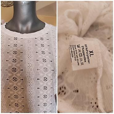 Bela ženska bluza sa dugim rukavima, čipkanog/vezenog uzorka. Okrugli — 1