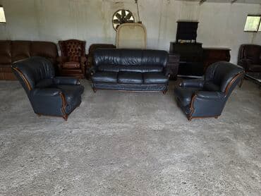 Furniture: Kožna garnitura tamno sive boje, idealna za dnevni boravak ili — 3