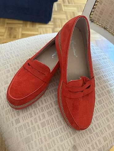 cipele ruma: Ženske mokasine – crveni brušeni pliš/velur - Model: klasične — 2