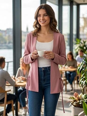 Ženski lagani blejzer – puder roze - Elegantan, otvoren kroj bez