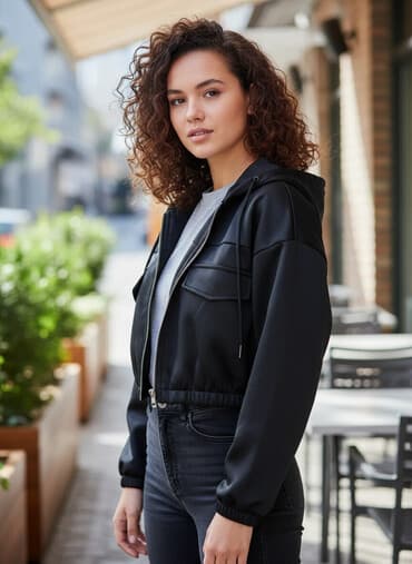 štepane ženske jakne: Kratka crna ženska jakna/dukserica sa kapuljačom. Model je crop — 1