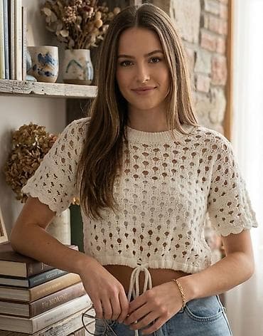 Pletena heklana kratka majica (cropped top) u krem/beloj boji. -