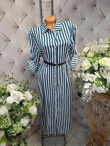 Košulja-haljina sa prugama, midi dužine - Dizajn: klasična