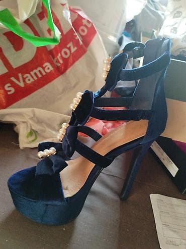 nine west salonke: Ženske sandale na visoku štiklu – tamnoplave, baršunaste - Materijal — 3