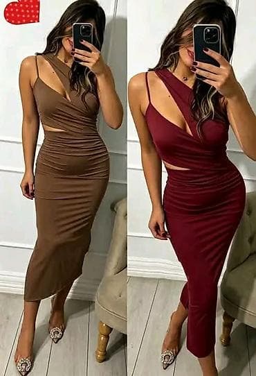 versace bordo: Elegantna asimetrična midi haljina sa naborima i izrezima. - Kroj — 2