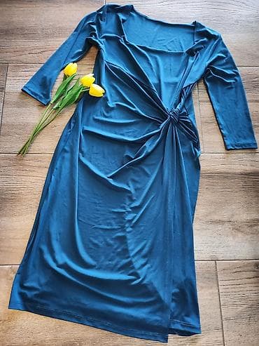 Elegantna midi haljina u petrolej (teal) boji - Kvadratni izrez koji