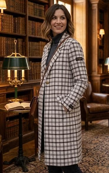 Ženski kaput sa kariranim dezenom - Dužina do iznad kolena, prav kroj