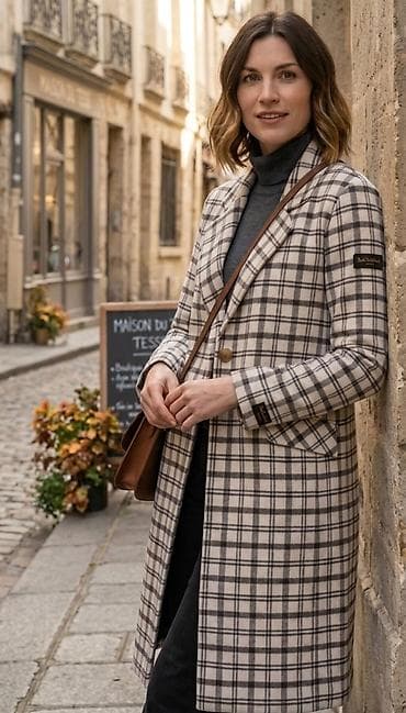 Ženski kaput sa kariranim dezenom - Kroj: ravna, elegantna silueta