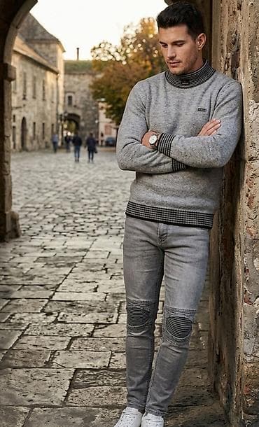 olla dzemperi: Muški komplet – sivi pulover, sivi slim-fit farmerke. - Pulover — 1