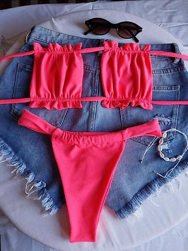 Ženski bikini kupaći kostim – neon roze - Dvodijelni set: top +