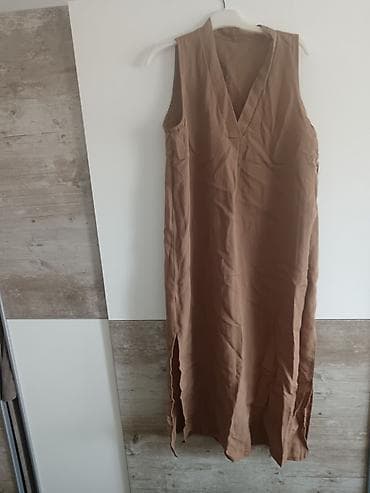 Lanena Ženska letnja haljina bez rukava – boja karamela/svetli kesten