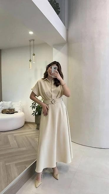 svečane plave haljine: Elegantna košulja-haljina sa pojasom - Duga, lepršava silueta A-kroja — 5