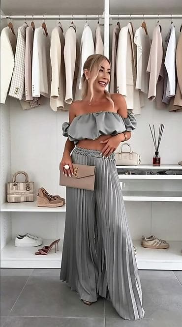 helanke pantalone: Komplet – plisirani široki pantalone i kratki bardot top. - Model crop — 5