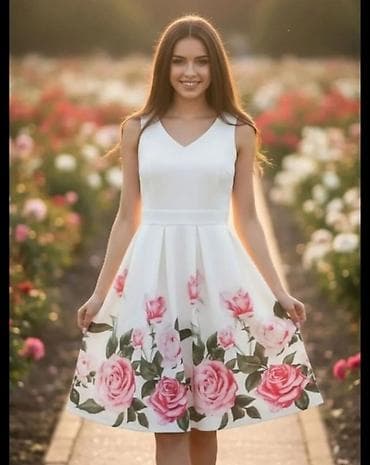 Letnja haljina sa cvetnim printom ruža - Model: midi A-kroj, bez