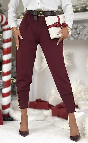 Pantalone: Elegantne bordo ženske pantalone sa pojasom - Model: slim/peg fit — 4