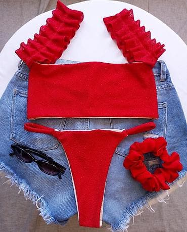 ženski bodi: Crveni ženski bikini set sa šljokičastim efektom. - Gornji deo — 5