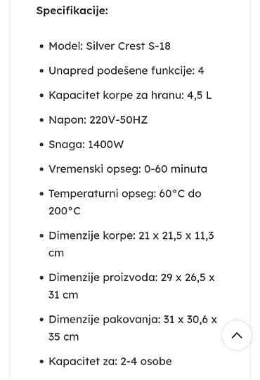 air fryer cena: Friteza na vruć vazduh (air fryer) Model:SilverCrest S-18.Zapremina — 8