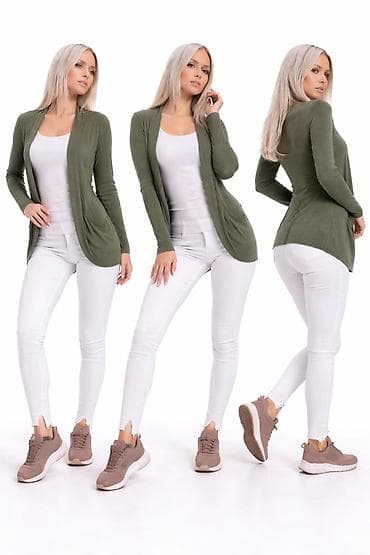 Ženski kardigan bez kopčanja – maslinasto zelena boja - Kroj: dugi