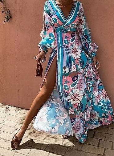 sandale 36: Duga lepršava haljina sa cvetnim i geometrijskim printom u pastelno — 2