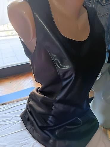 Haljine: Braon haljina bez rukava sa panelima od eko-kože - Model: uska — 8