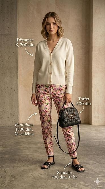 Komplet garderobe i aksesoara: - Džemper: nežno krem kardigan sa