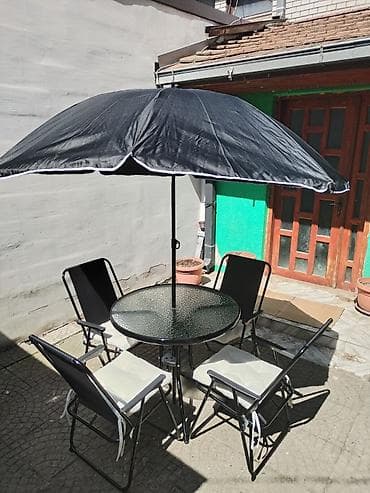 lounge stolice: Baštenski set – sto, 4 stolice i suncobran - Okrugli sto sa — 4