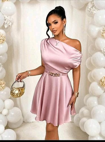 Haljine: Elegantna mini haljina od satena – puder roze - Kroj: asimetrični — 6