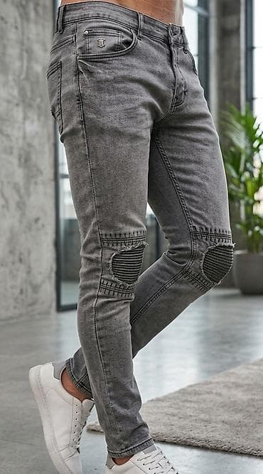 Muške slim-fit farmerke – siva isprana nijansa sa biker detaljima -