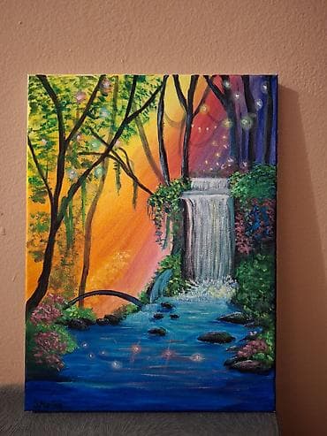 brisko sa kantom: Ručno rađena slika na platnu – akril - Motiv: bajkoviti pejzaž sa — 1