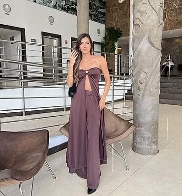 svecane siroke pantalone: Ženski komplet – top bez bretela sa dramatičnim plašt‑panelima + — 4