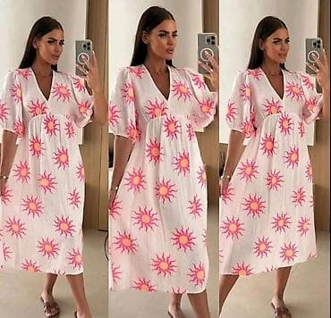 Women's Clothing: Letnja midi haljina sa printom sunca - Kroj: A-linija, lagano nabrana — 4