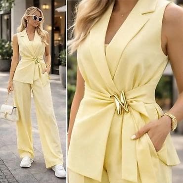 bež prsluk: Ženski komplet – prsluk bez rukava i široke pantalone - Kroj — 5