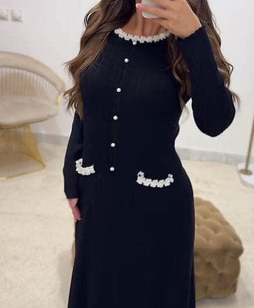 Elegantna duga pletena haljina – crna trikotaža/Viskoza za S do L -