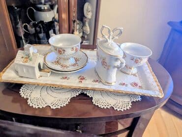 Kotlići: Stari porcelanski set za kafu: - Dve šoljice - Dve kašičice - Posuda — 4