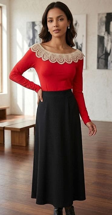 Elegantna ženska kombinacija – bluza i suknja - Bluza: crvena, dug