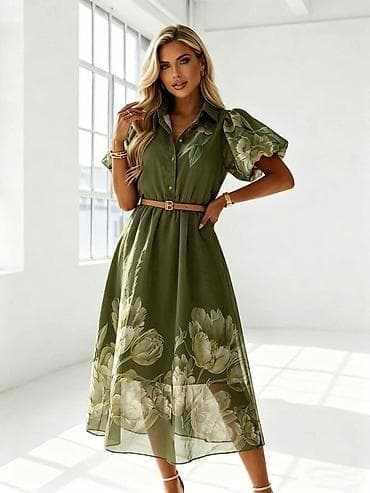 crni tek flis: Ženska midi košulja-haljina sa cvetnim printom - Kroj: A-linija, midi — 2