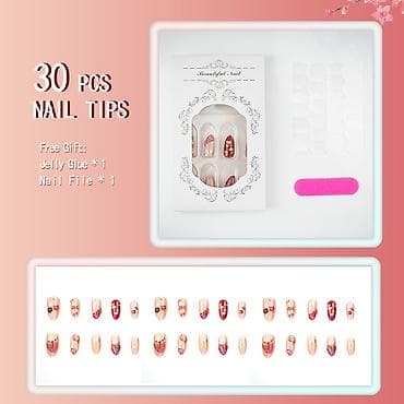 set za negu noktiju: Set presovanih (tips) noktiju – motiv trešanja i jagoda - Dizajn: 3D — 5