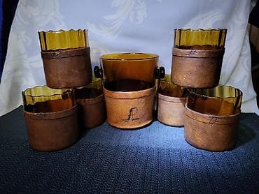 stona brusilica: Servis,rucni rad, duvano staklo,koza za zestoko pice iz 60,70ih.god — 1