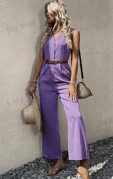 Overalls: Ženski letnji kombinezon bez rukava u lila/lavanda boji. - Kroj — 4