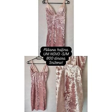 plišane haljine 2022: Plišana haljina u puder‑roze boji, sa svetlucavim „crushed velvet“ — 2