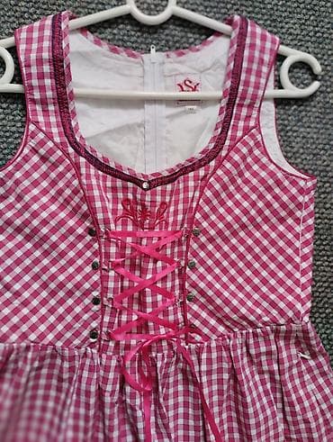 kucne haljine: Tradicionalna haljina u stilu dirndla – ružičasto‑bela karo (gingham) — 3