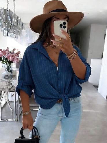 asimetricna tunika: Ženska košulja sa prugama – kratki rukavi, kopčanje na dugmad — 3