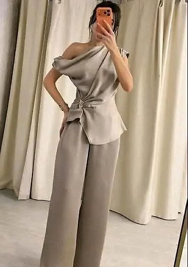 5.11 pantalone: Damski elegantni komplet – asimetrična bluza i široke pantalone - — 7