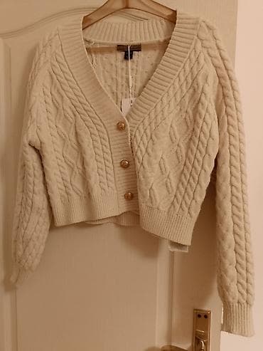 prada majice: Kratki ženski kardigan u krem/bež boji sa pletenim “kabel” uzorkom — 2